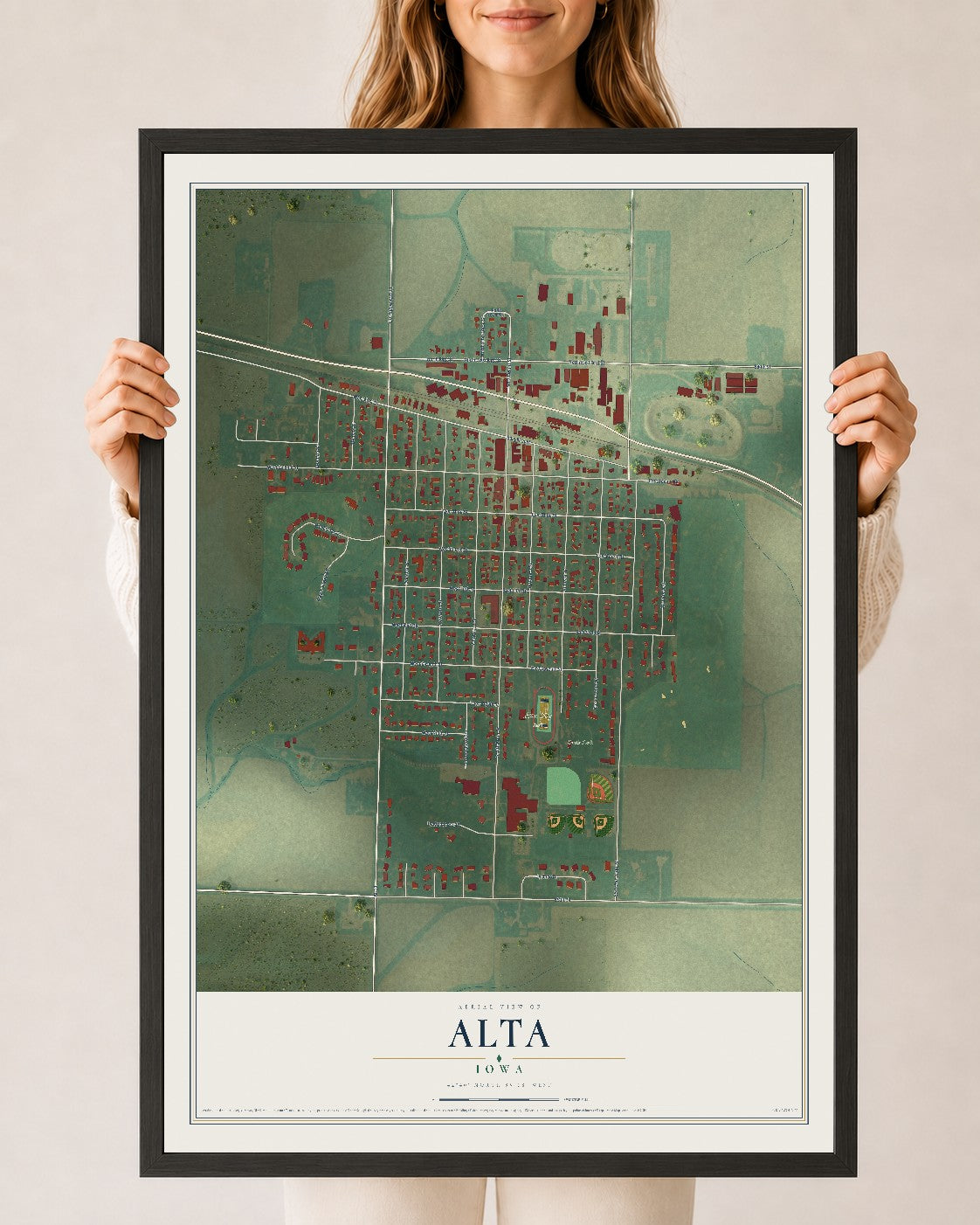 Map of Alta, Iowa, 24 x 36 inch print in a black wood frame