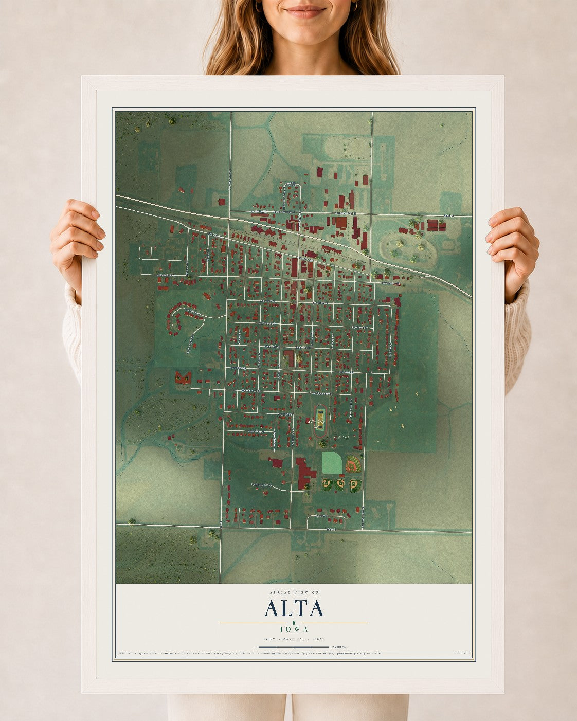 Map of Alta, Iowa, 24 x 36 inch print in a white wood frame