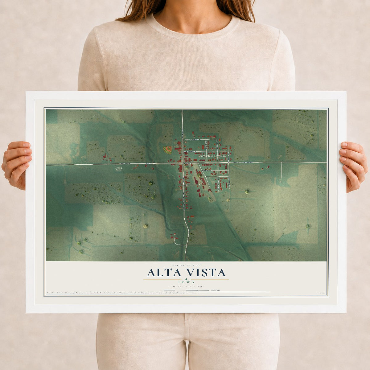 Map of Alta Vista, Iowa, 12 x 18 inch print in a white wood frame