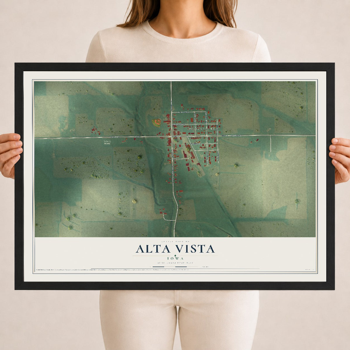 Map of Alta Vista, Iowa, 18 x 24 inch print in a black wood frame