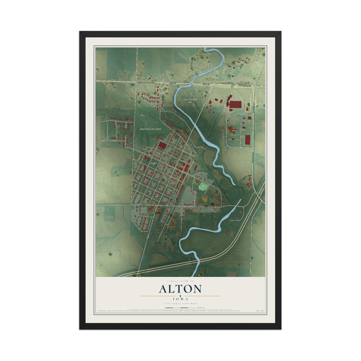 Map of Alton, Iowa, 12 x 18 inch print in a black wood frame