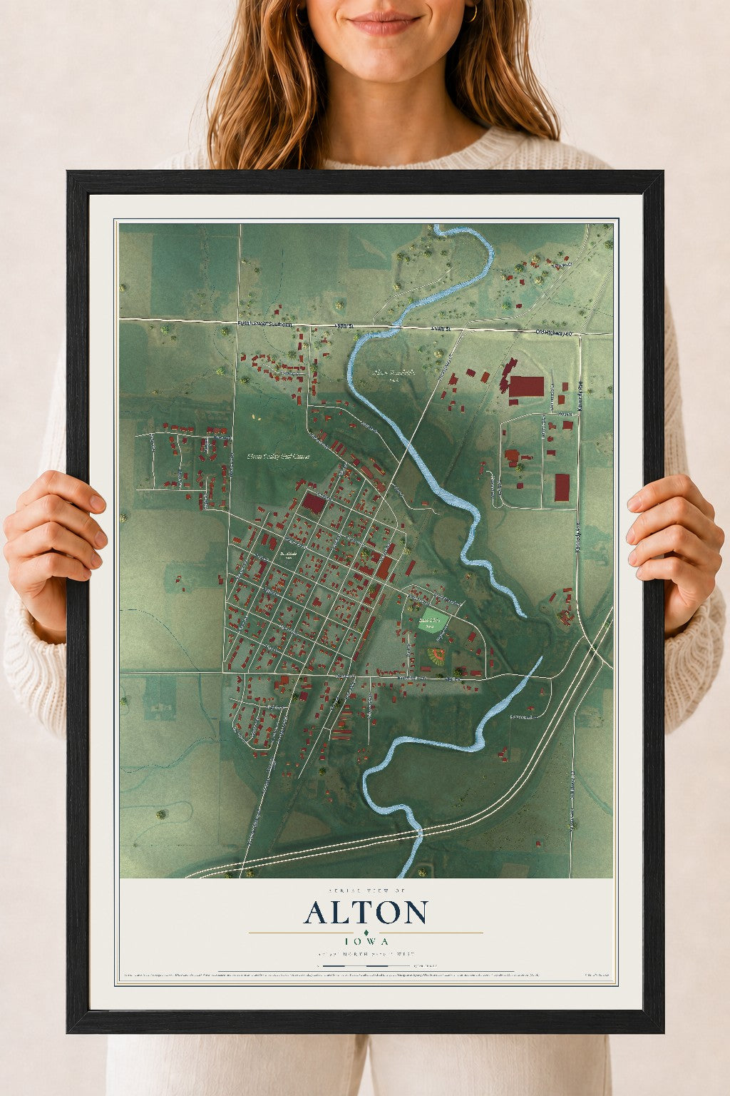 Map of Alton, Iowa, 18 x 24 inch print in a black wood frame