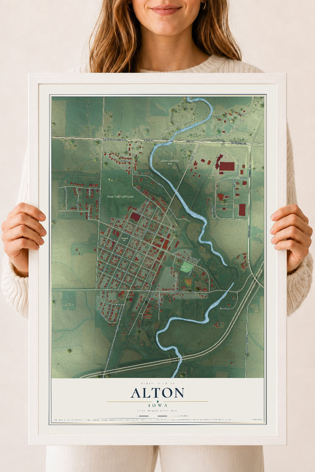Map of Alton, Iowa, 18 x 24 inch print in a white wood frame