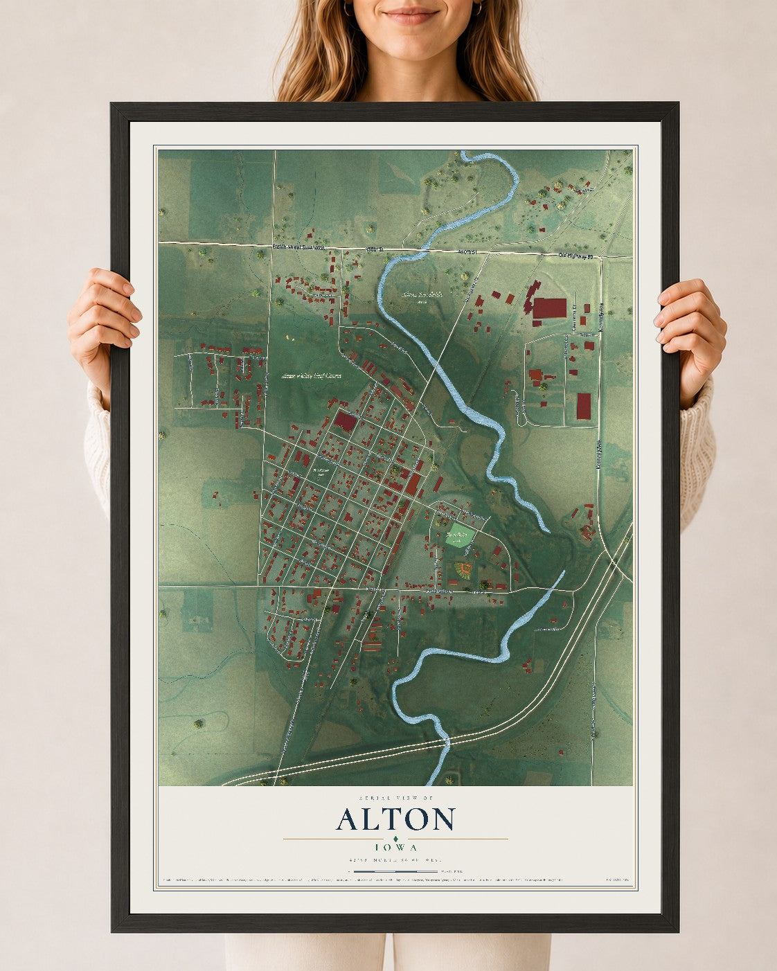 Map of Alton, Iowa, 24 x 36 inch print in a black wood frame