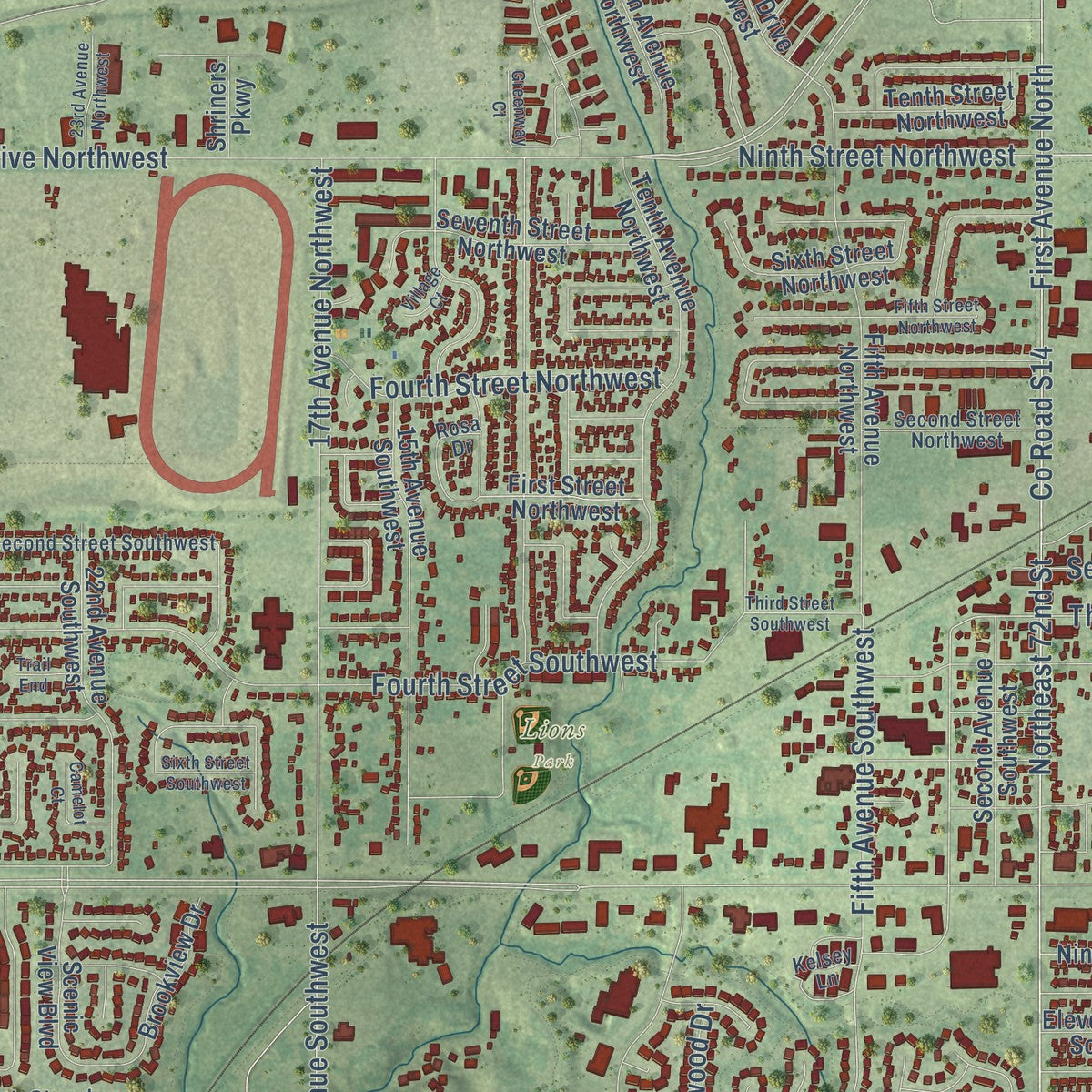 Close-up of the map of Altoona, Iowa print showing street and building detail