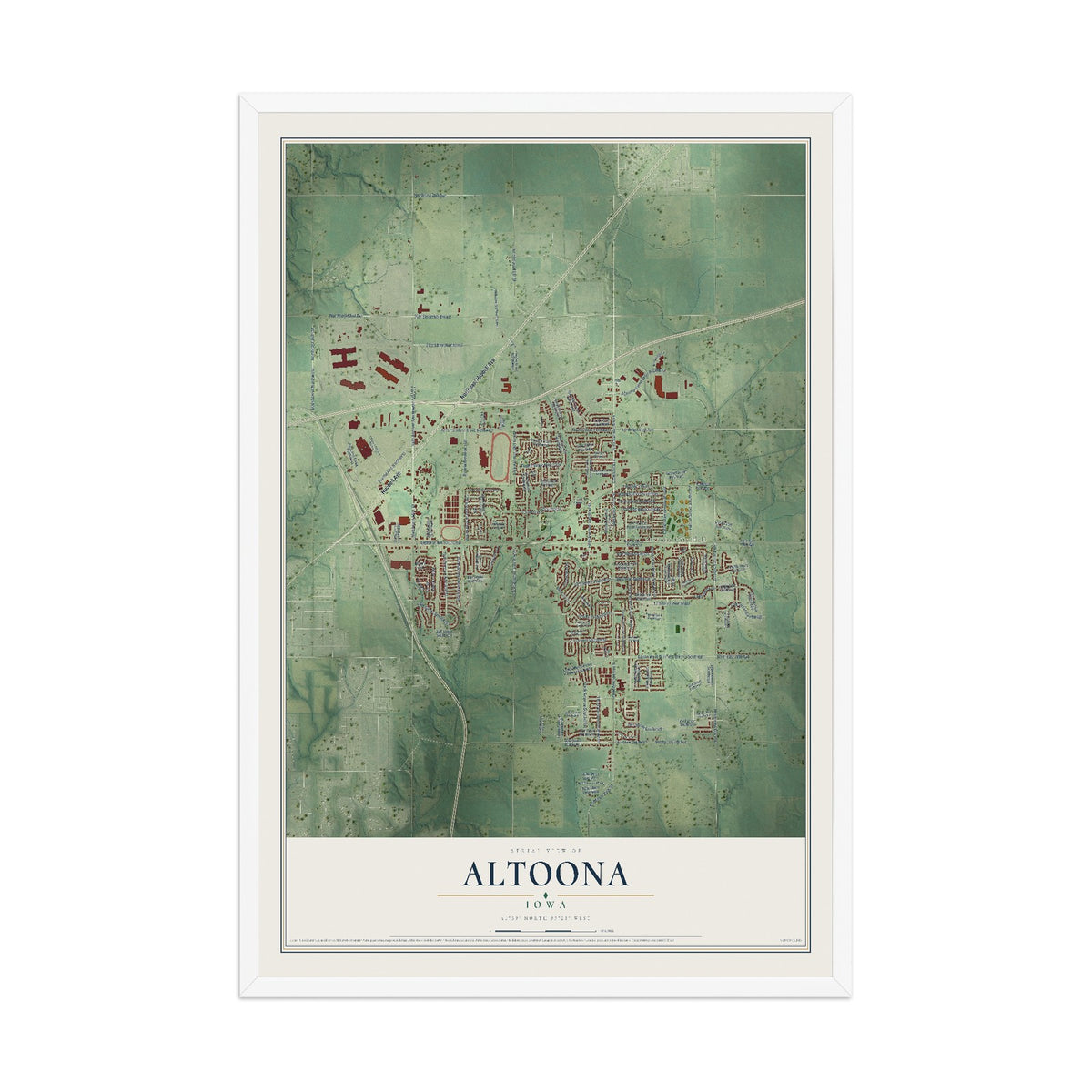 Map of Altoona, Iowa, 12 x 18 inch print in a white wood frame