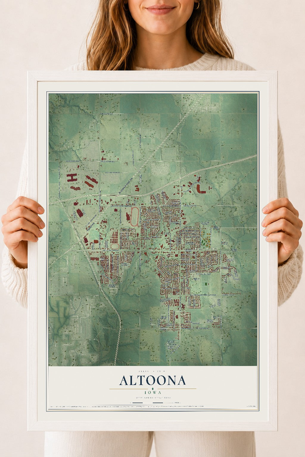 Map of Altoona, Iowa, 18 x 24 inch print in a white wood frame