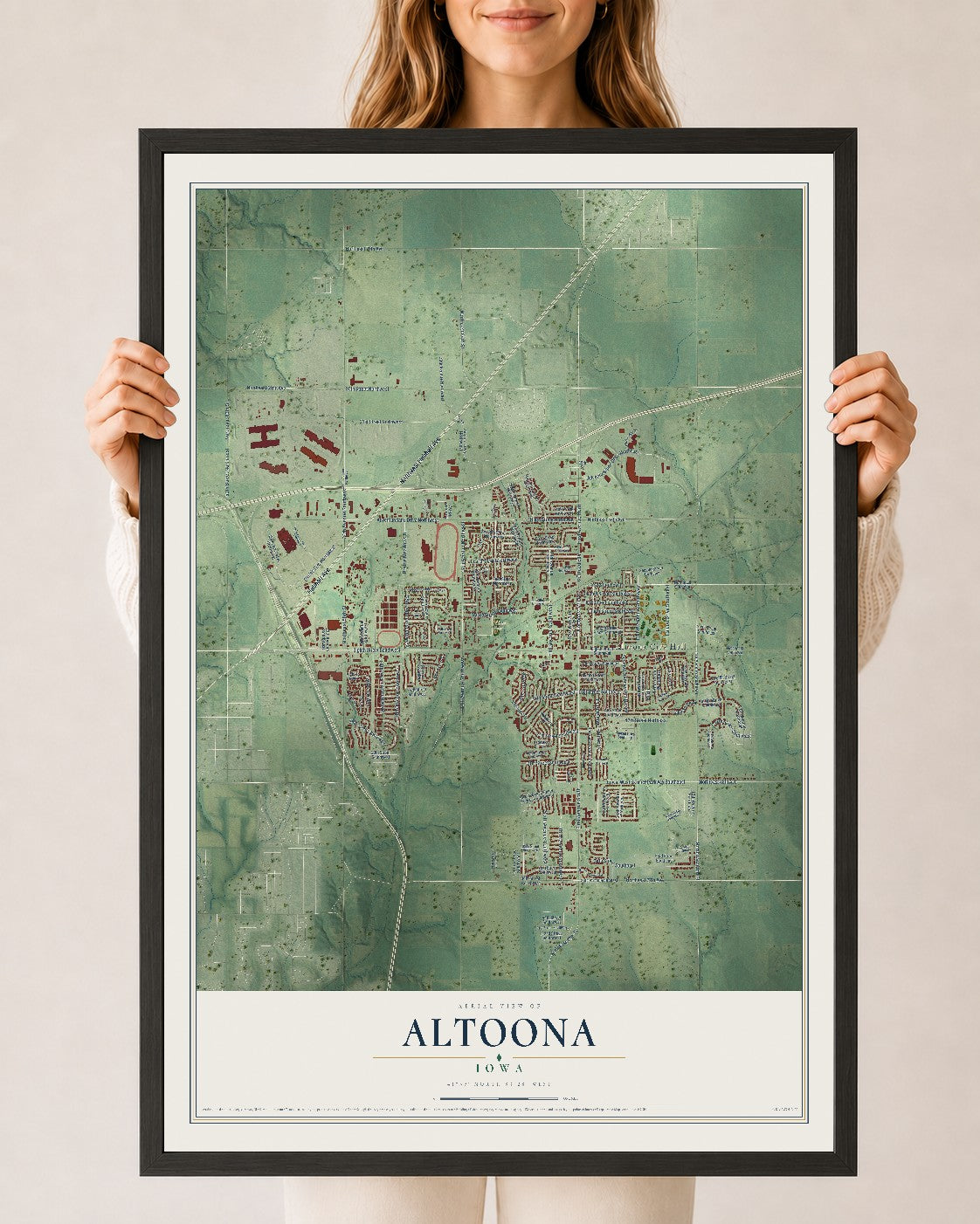 Map of Altoona, Iowa, 24 x 36 inch print in a black wood frame