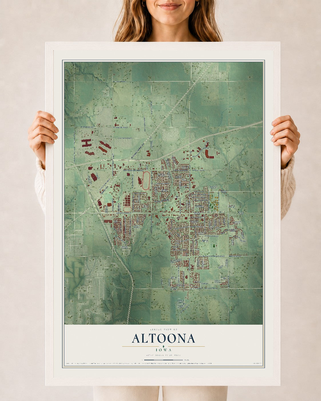 Map of Altoona, Iowa, 24 x 36 inch print in a white wood frame