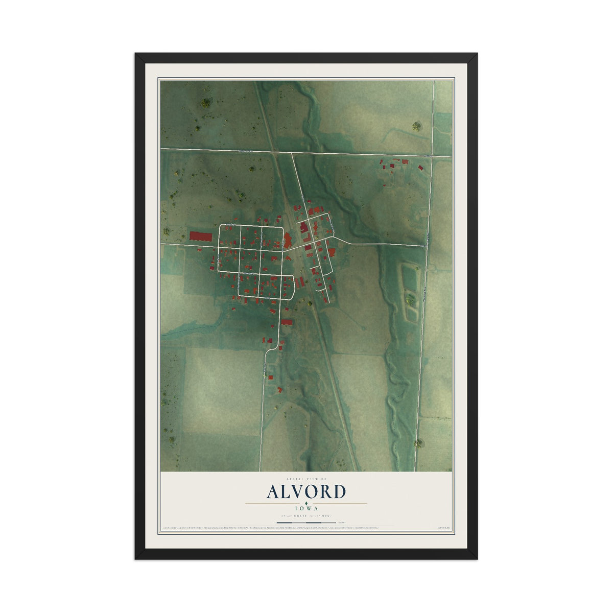 Map of Alvord, Iowa, 12 x 18 inch print in a black wood frame