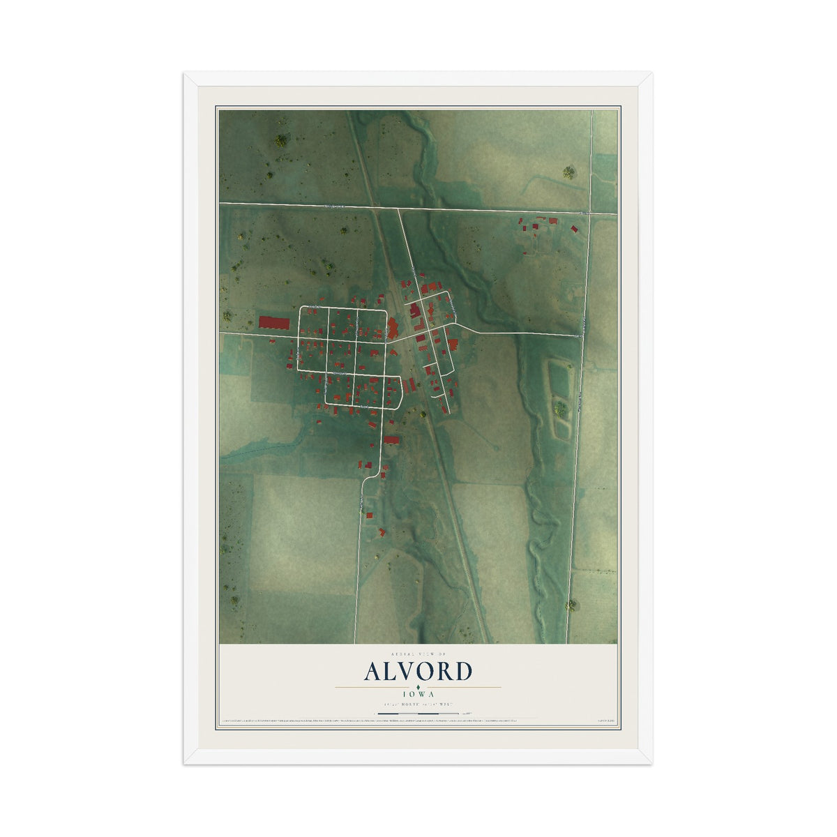 Map of Alvord, Iowa, 12 x 18 inch print in a white wood frame