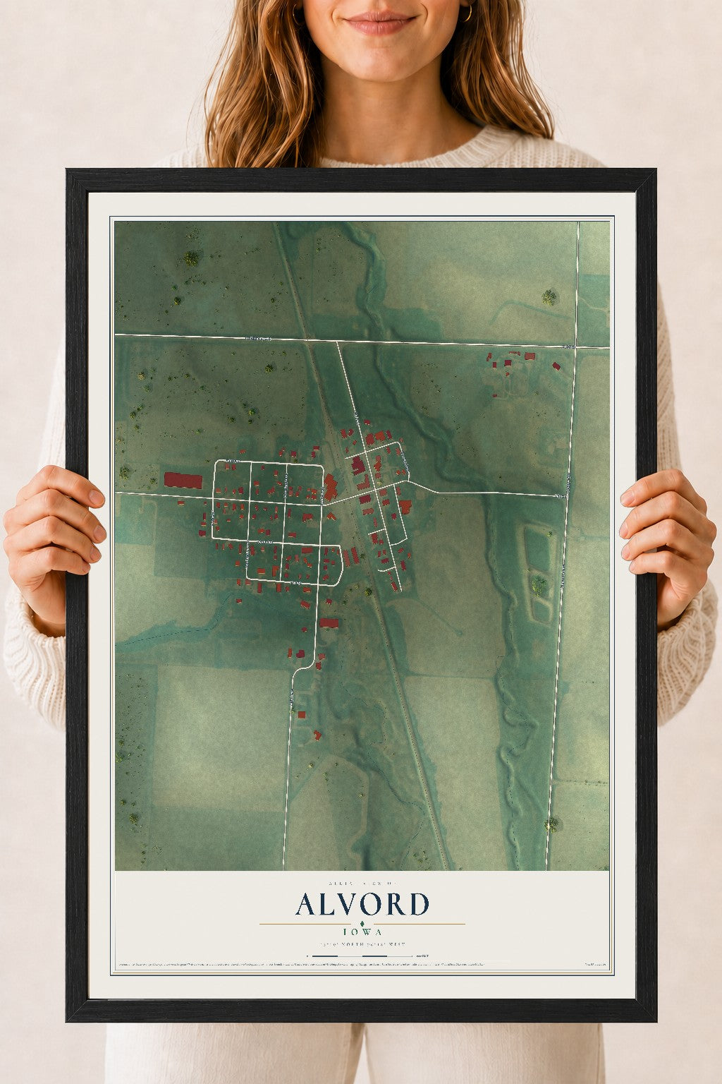 Map of Alvord, Iowa, 18 x 24 inch print in a black wood frame