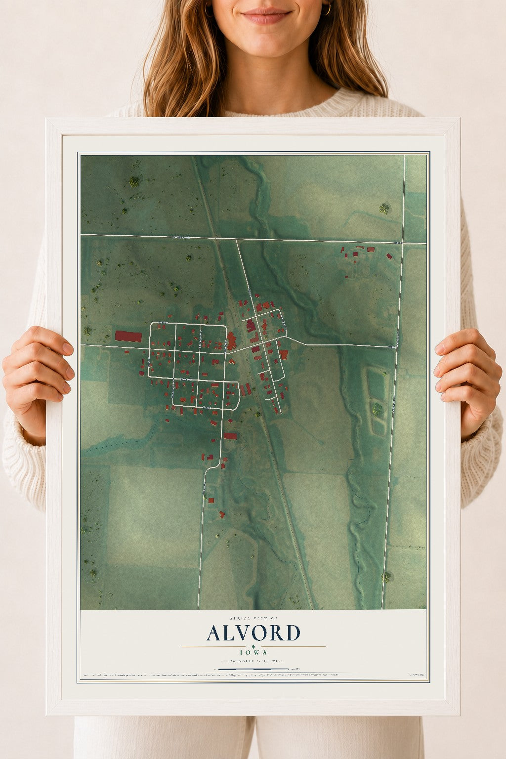 Map of Alvord, Iowa, 18 x 24 inch print in a white wood frame
