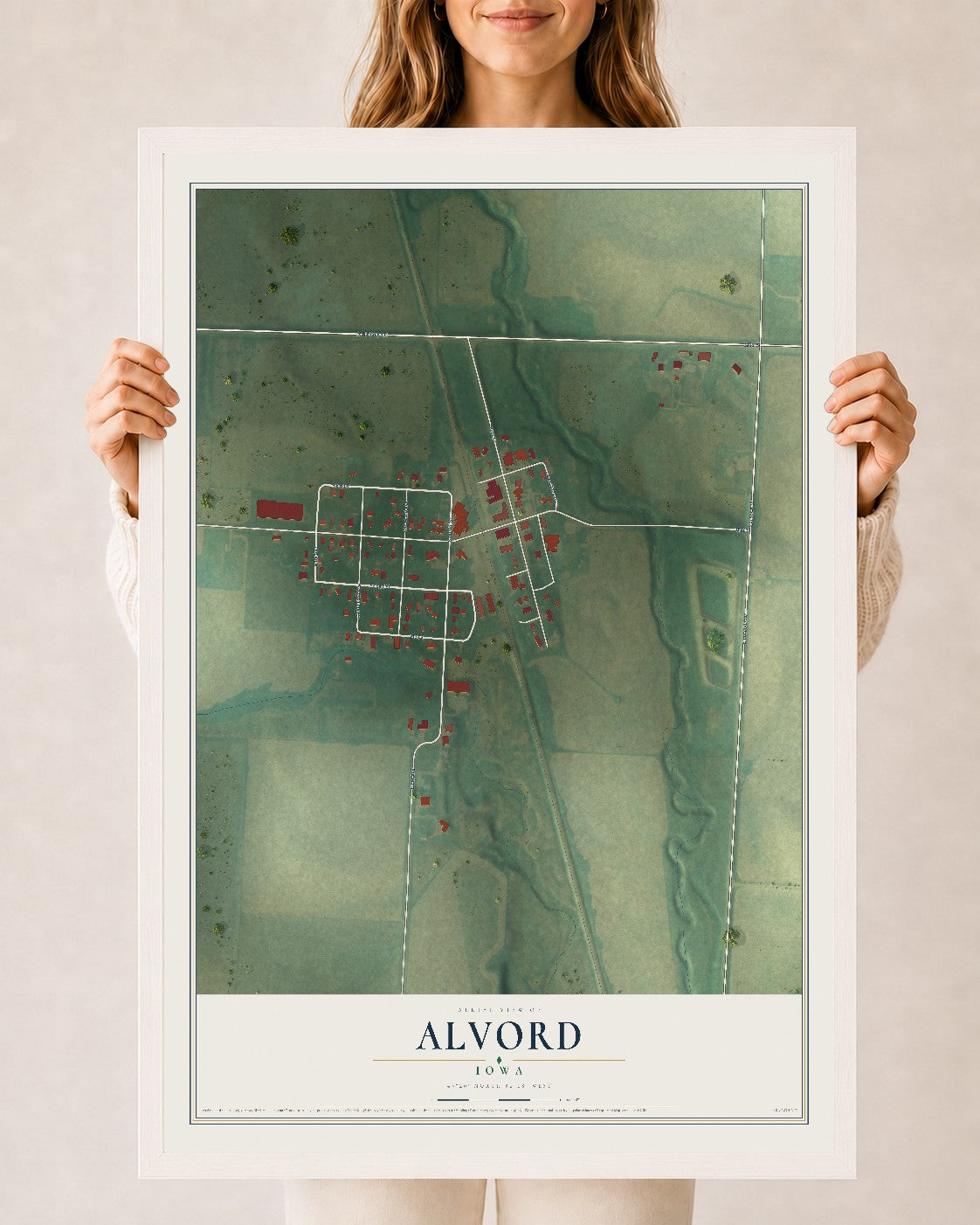 Map of Alvord, Iowa, 24 x 36 inch print in a white wood frame