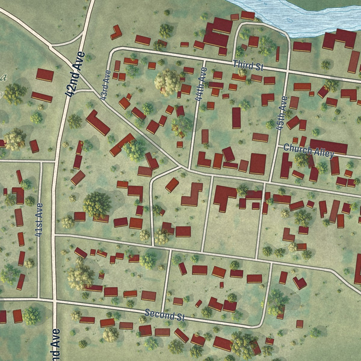Close-up of the map of Amana, Iowa print showing street and building detail