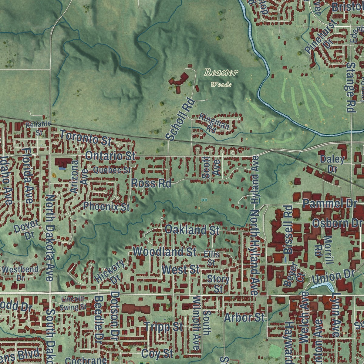 Second close-up of the map of Ames, Iowa print showing more streets and buildings