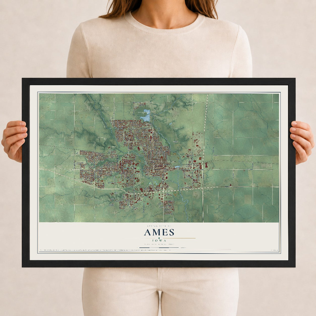 Map of Ames, Iowa, 12 x 18 inch print in a black wood frame