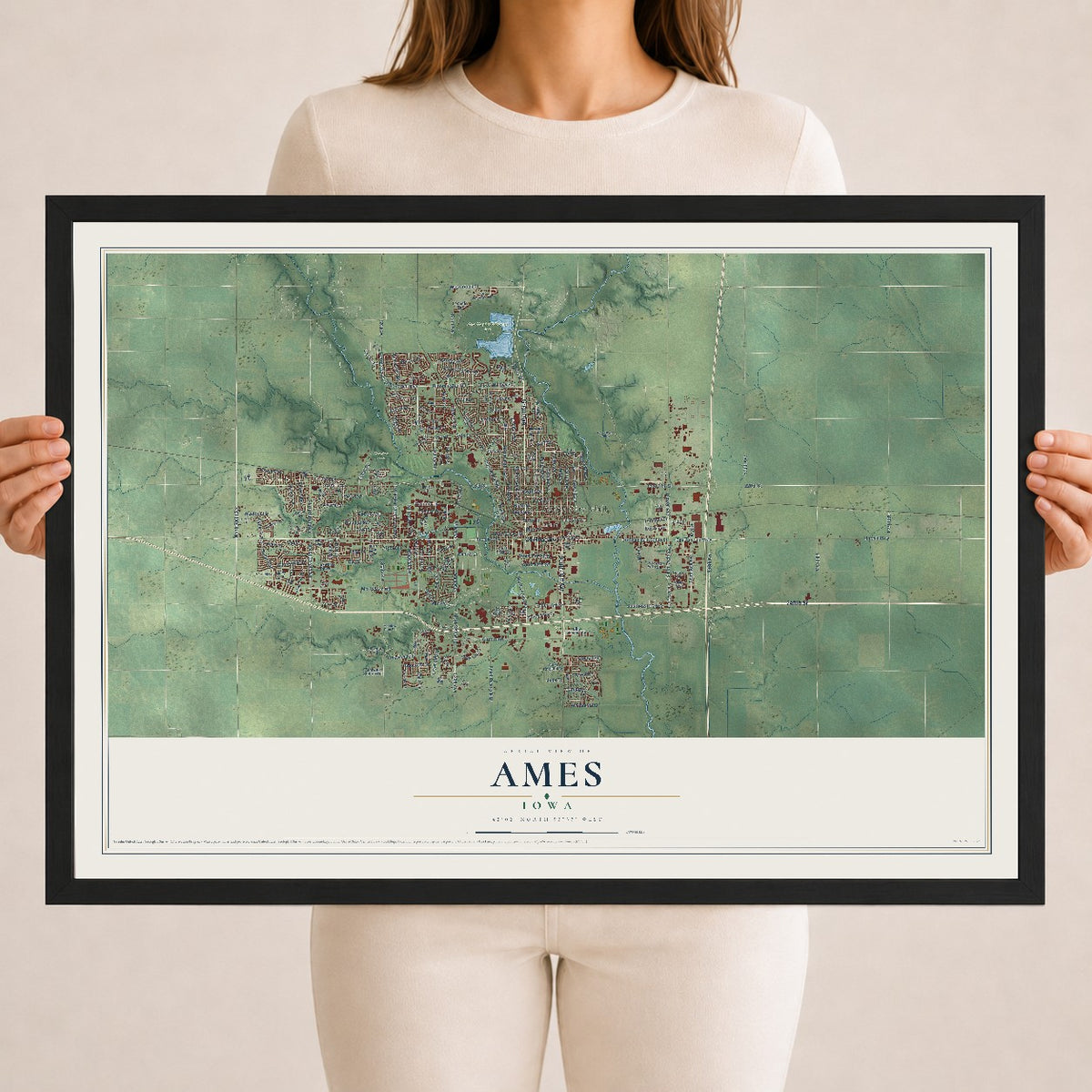Map of Ames, Iowa, 18 x 24 inch print in a black wood frame