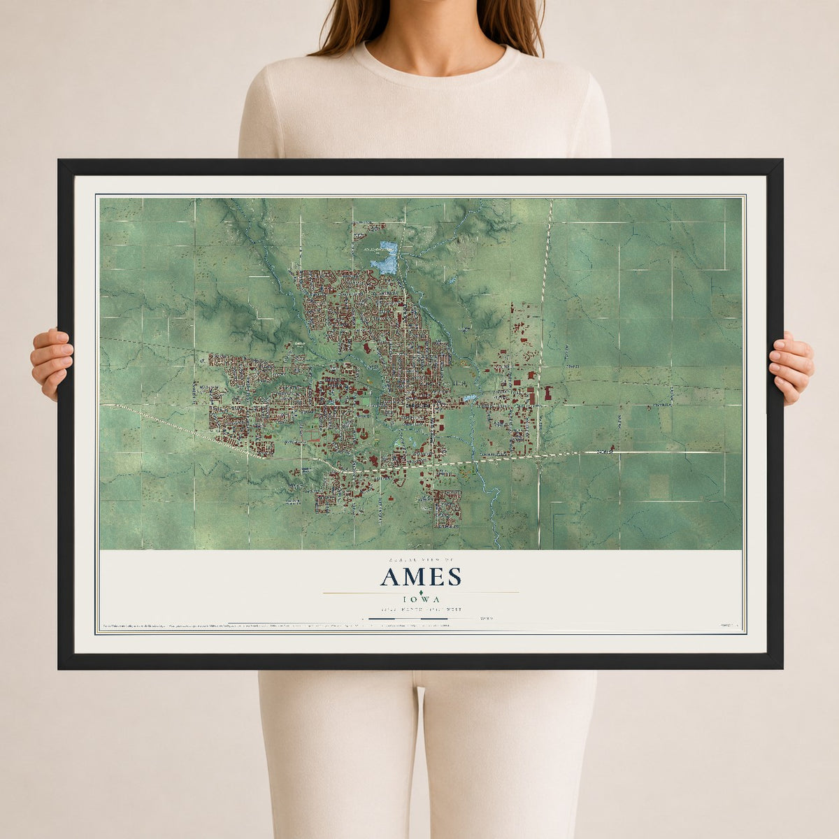 Map of Ames, Iowa, 24 x 36 inch print in a black wood frame