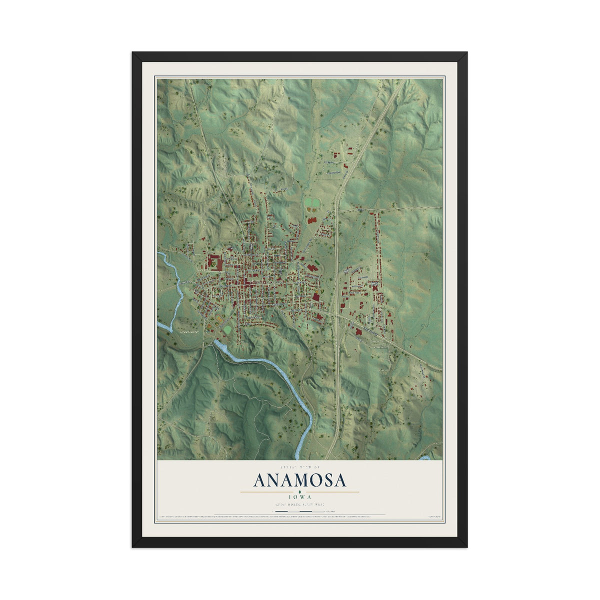 Map of Anamosa, Iowa, 12 x 18 inch print in a black wood frame