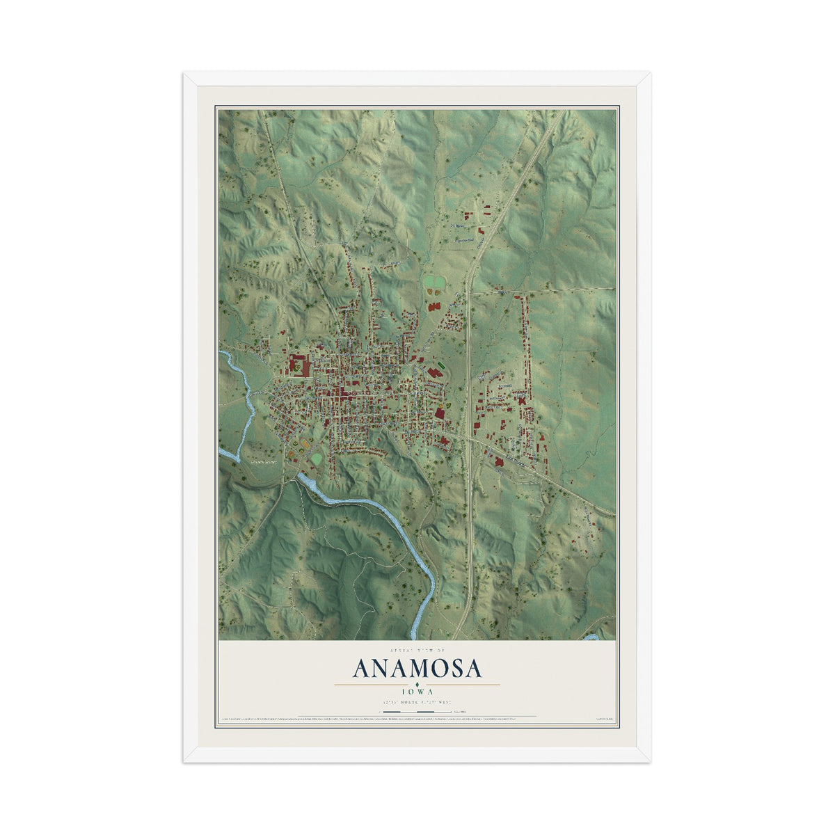 Map of Anamosa, Iowa, 12 x 18 inch print in a white wood frame