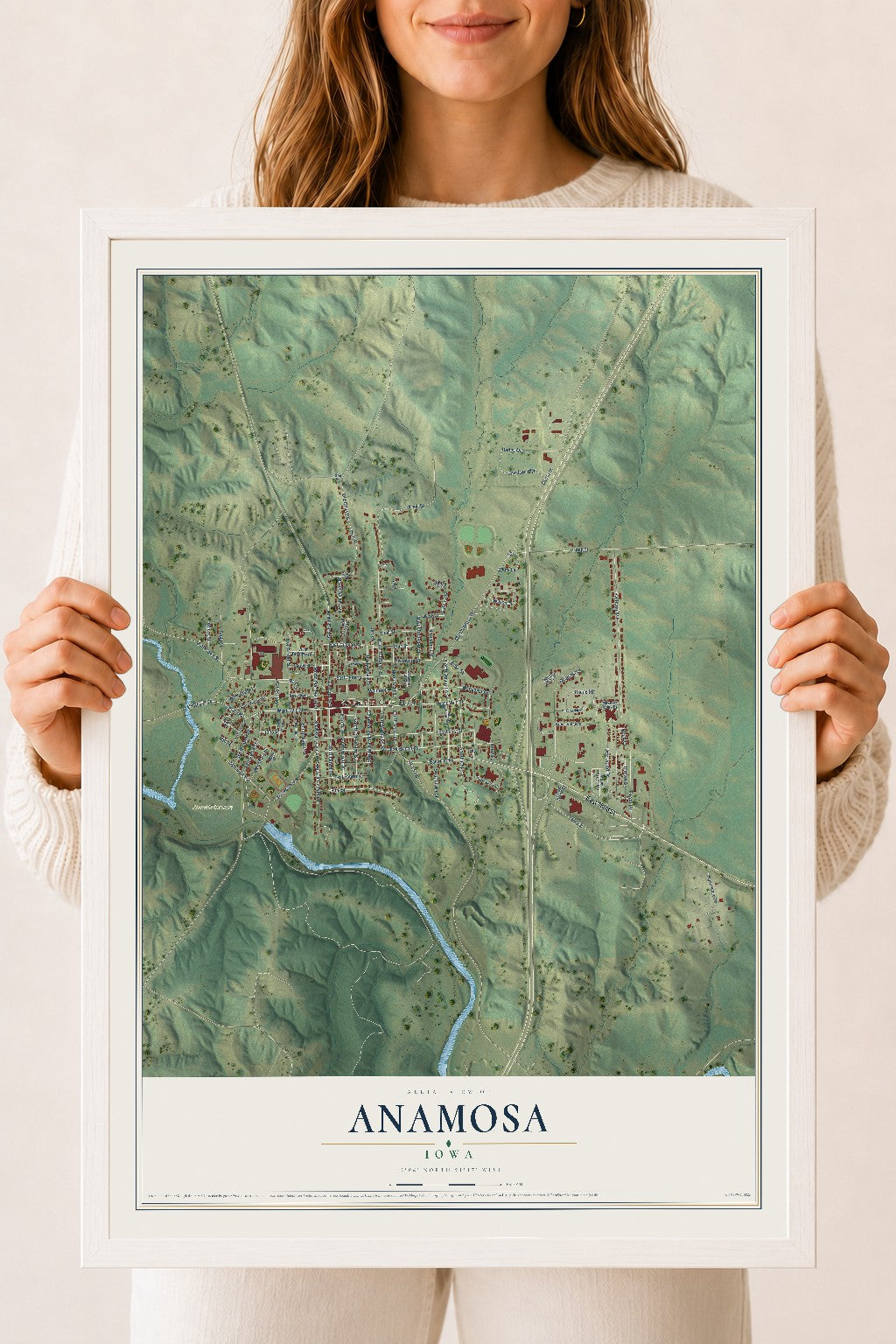 Map of Anamosa, Iowa, 18 x 24 inch print in a white wood frame
