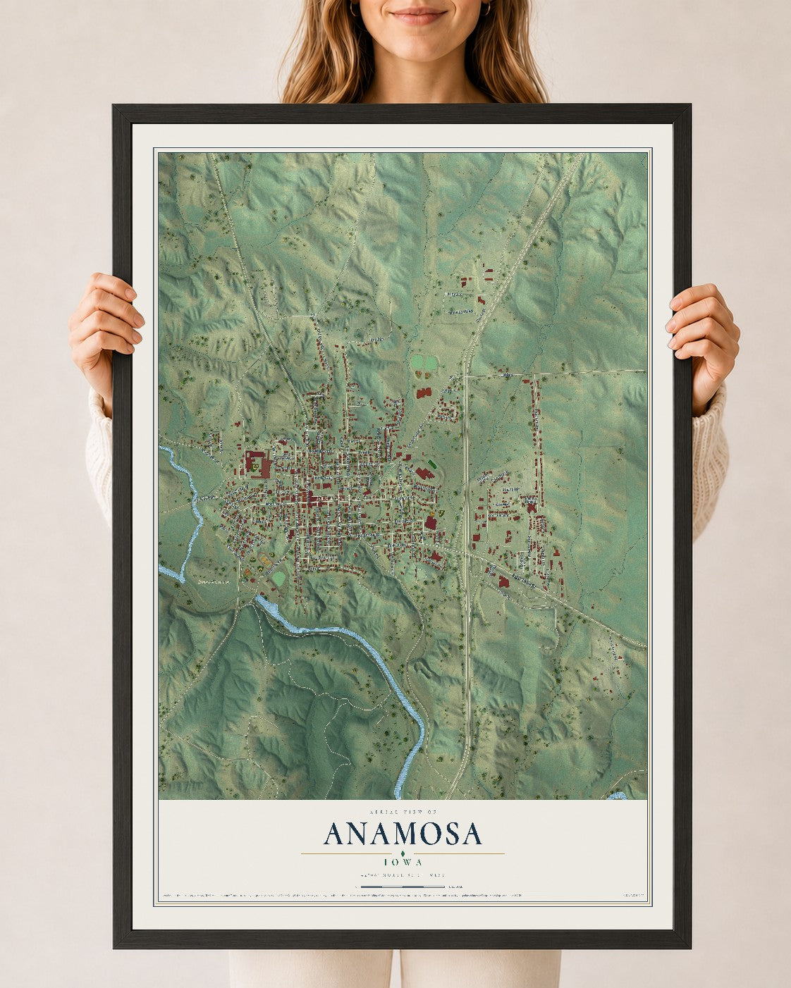 Map of Anamosa, Iowa, 24 x 36 inch print in a black wood frame