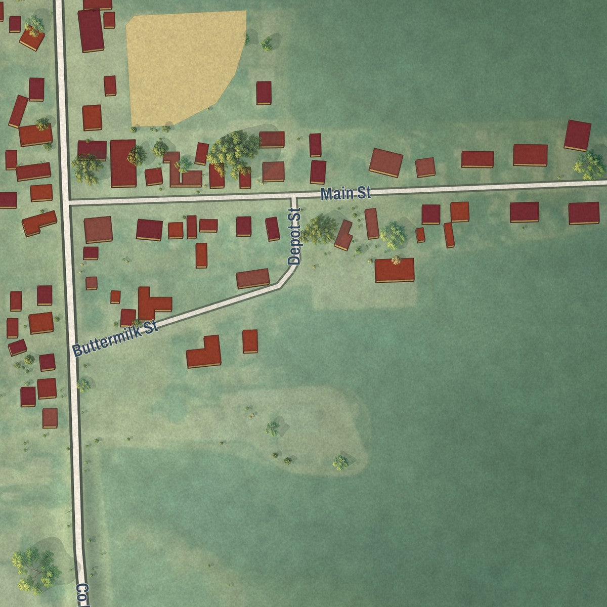 Close-up of the map of Andover, Iowa print showing street and building detail