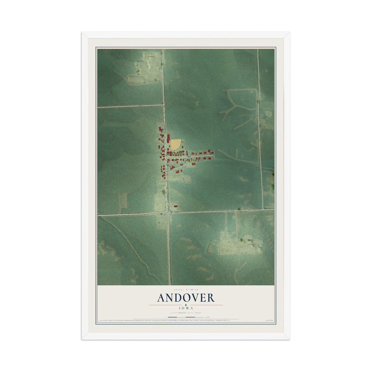 Map of Andover, Iowa, 12 x 18 inch print in a white wood frame