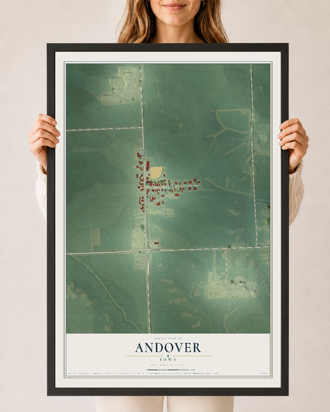 Map of Andover, Iowa, 24 x 36 inch print in a black wood frame