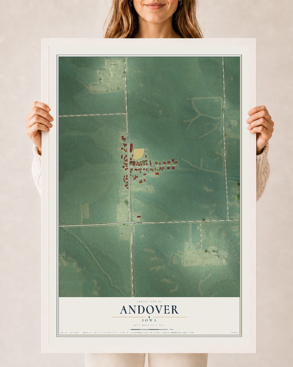 Map of Andover, Iowa, 24 x 36 inch print in a white wood frame