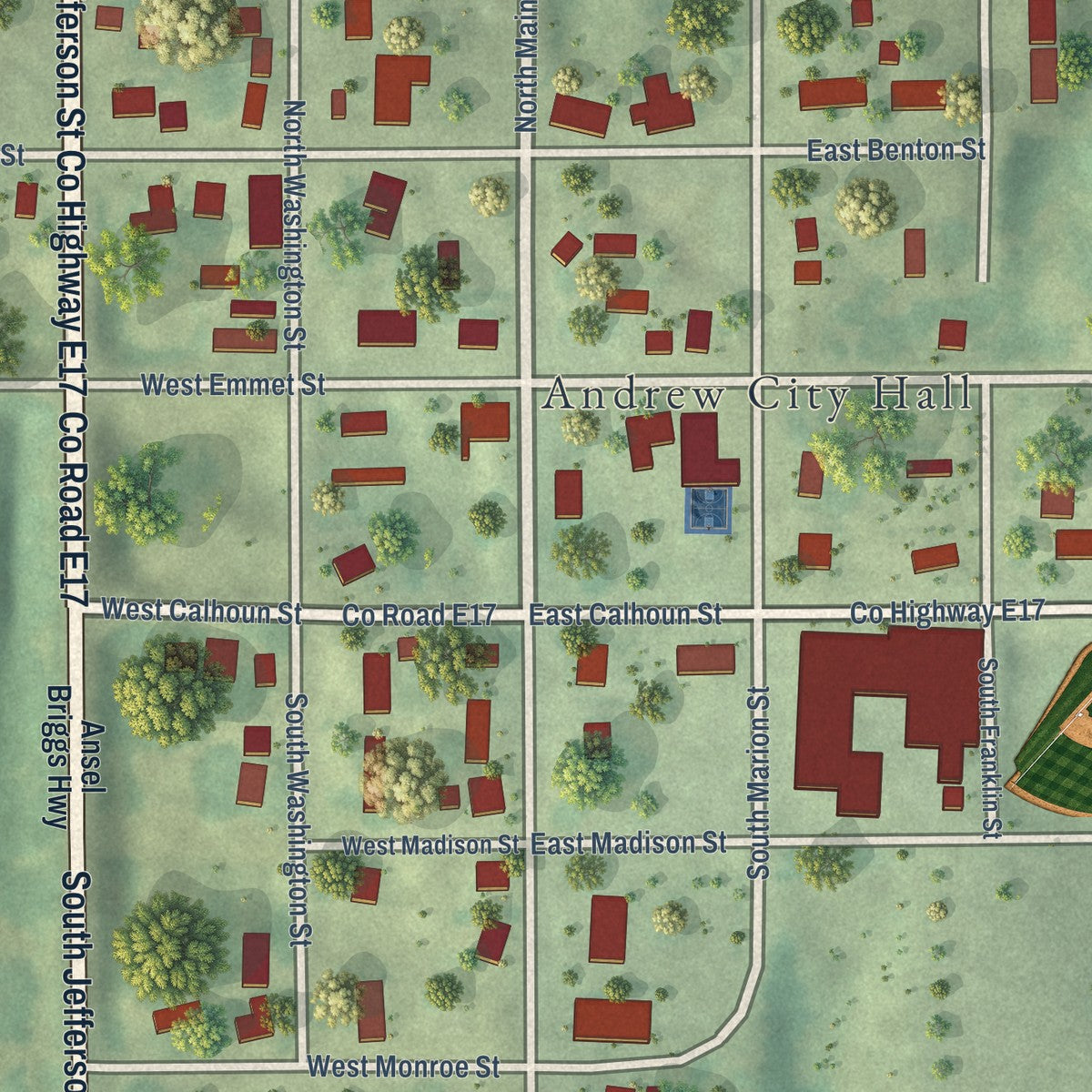 Close-up of the map of Andrew, Iowa print showing street and building detail