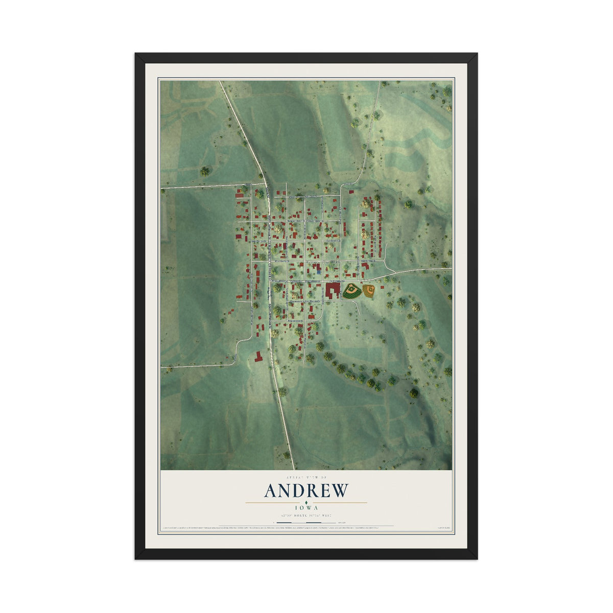 Map of Andrew, Iowa, 12 x 18 inch print in a black wood frame
