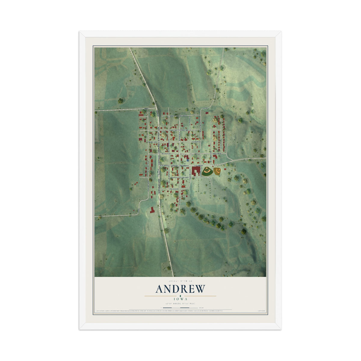 Map of Andrew, Iowa, 12 x 18 inch print in a white wood frame