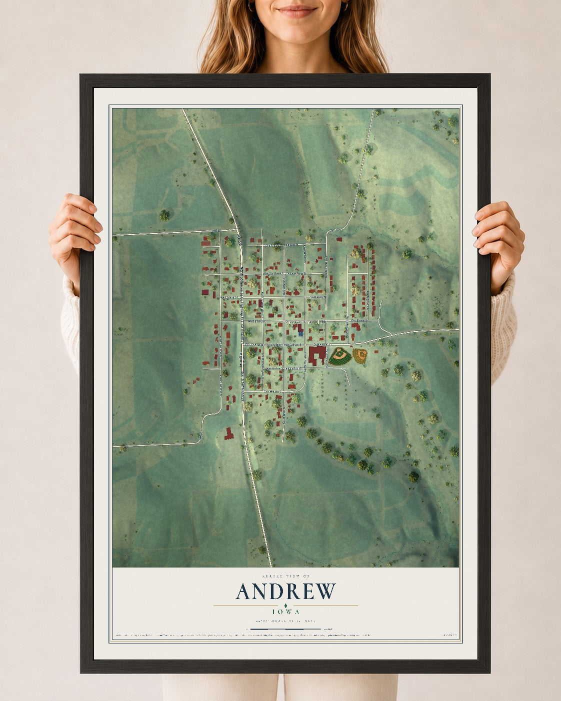 Map of Andrew, Iowa, 24 x 36 inch print in a black wood frame
