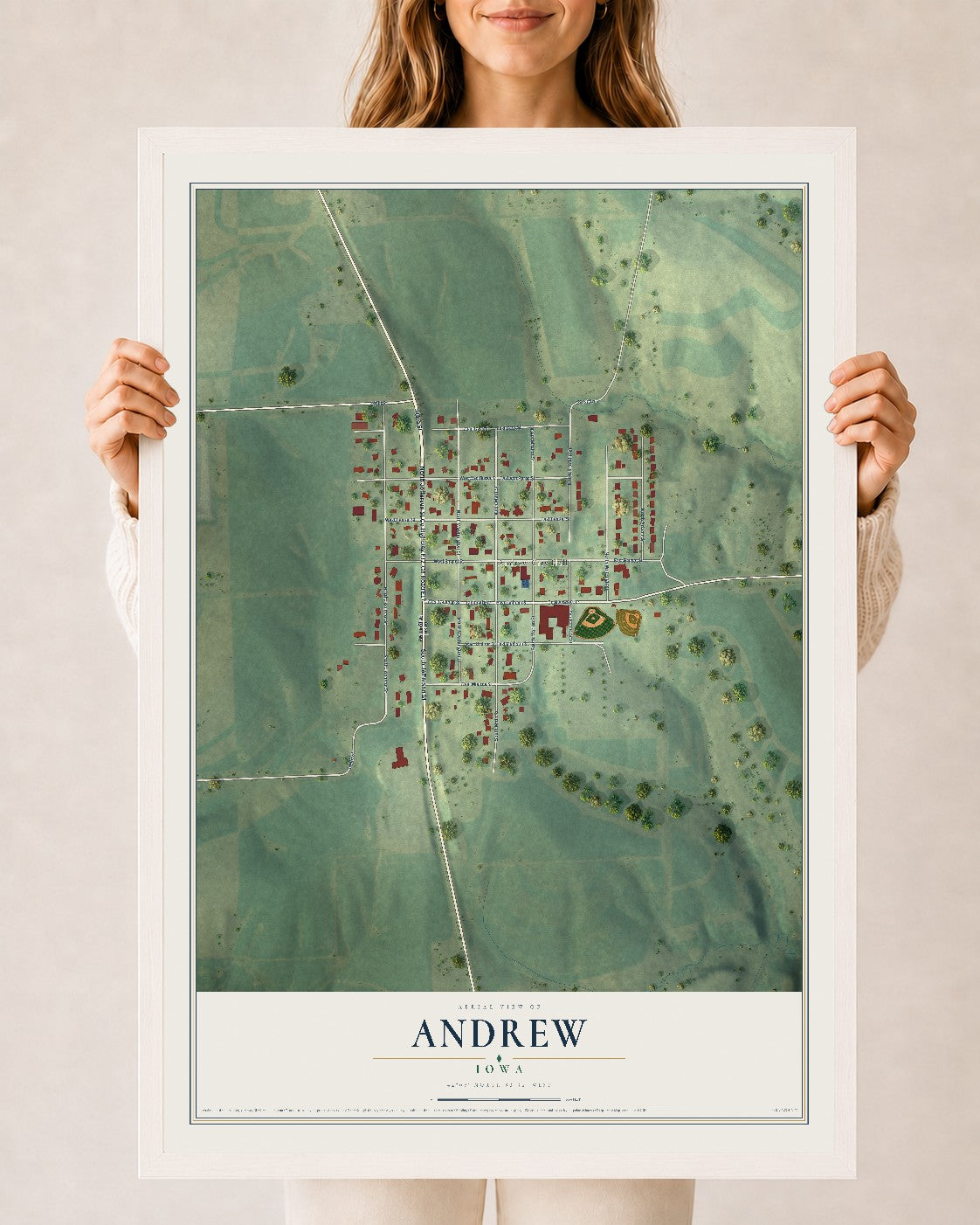 Map of Andrew, Iowa, 24 x 36 inch print in a white wood frame