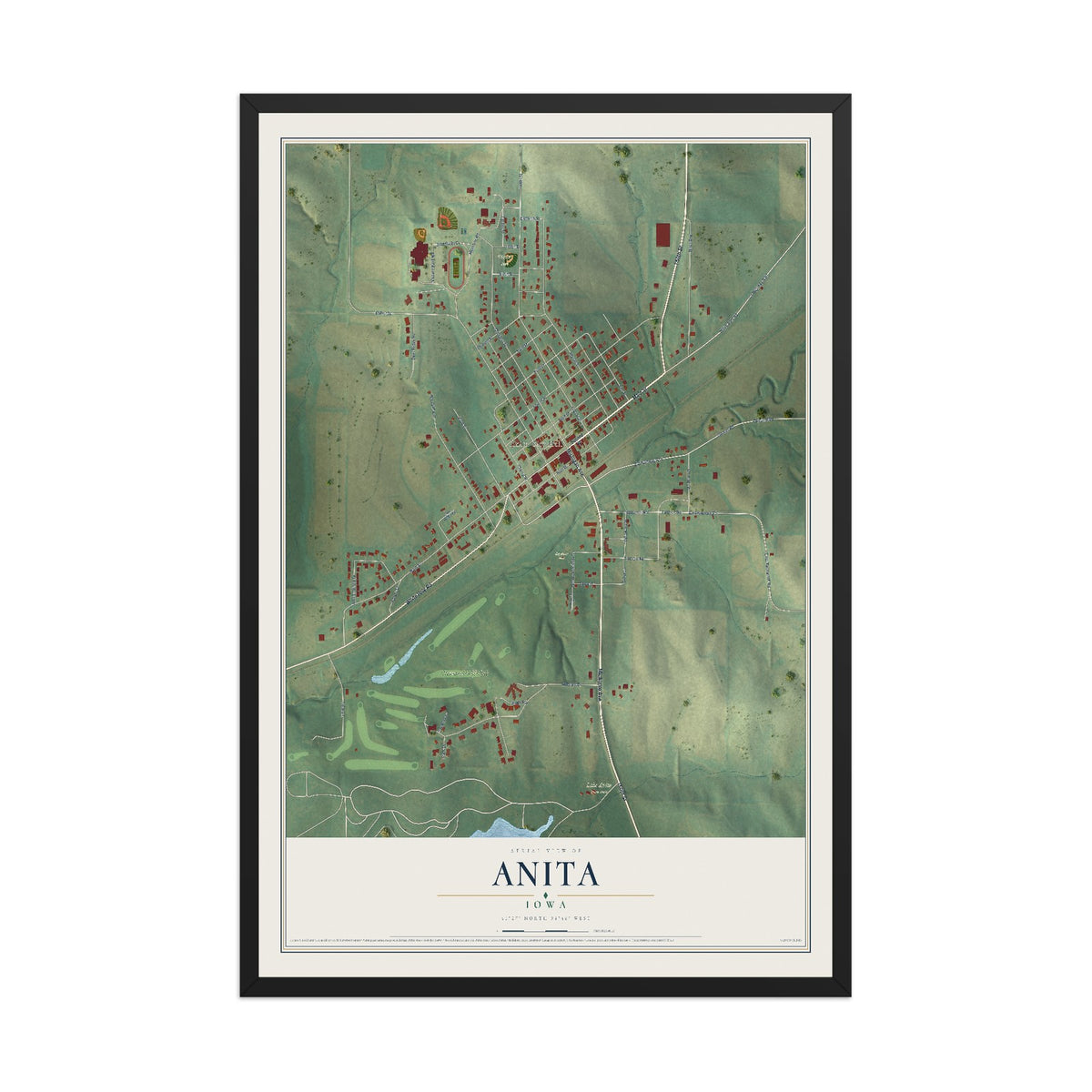 Map of Anita, Iowa, 12 x 18 inch print in a black wood frame