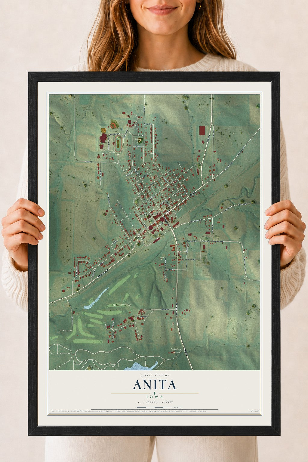 Map of Anita, Iowa, 18 x 24 inch print in a black wood frame