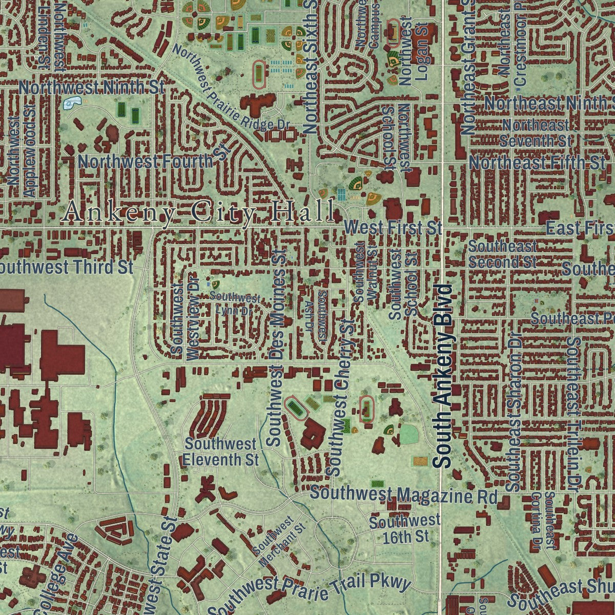 Close-up of the map of Ankeny, Iowa print showing street and building detail
