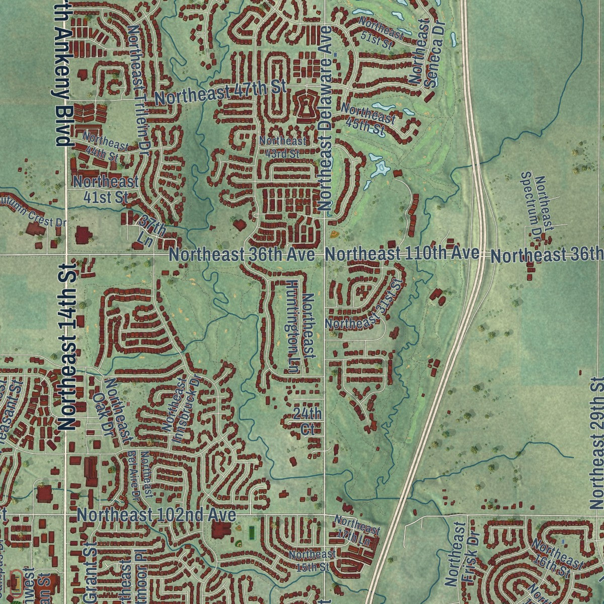 Second close-up of the map of Ankeny, Iowa print showing more streets and buildings