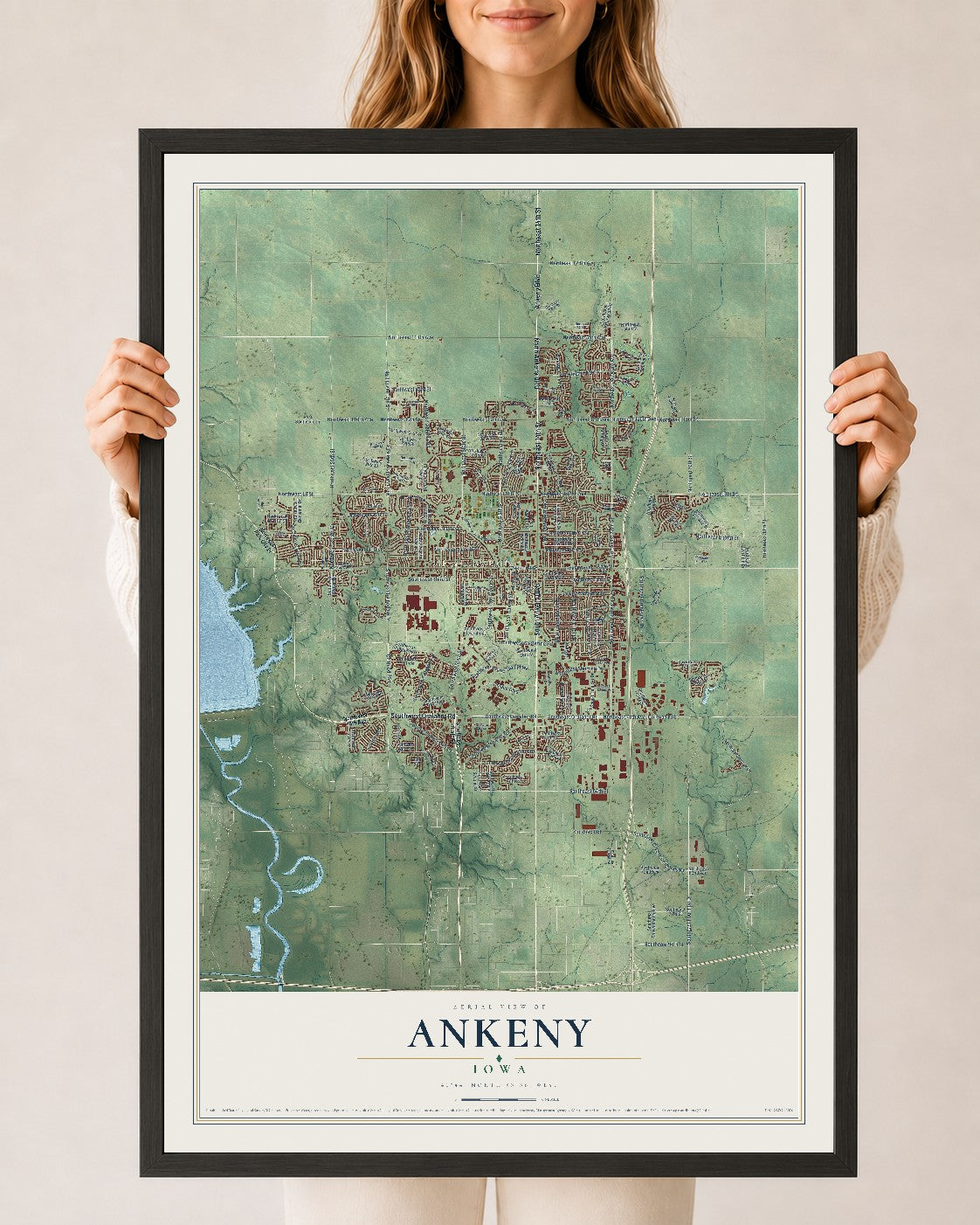 Map of Ankeny, Iowa, 24 x 36 inch print in a black wood frame