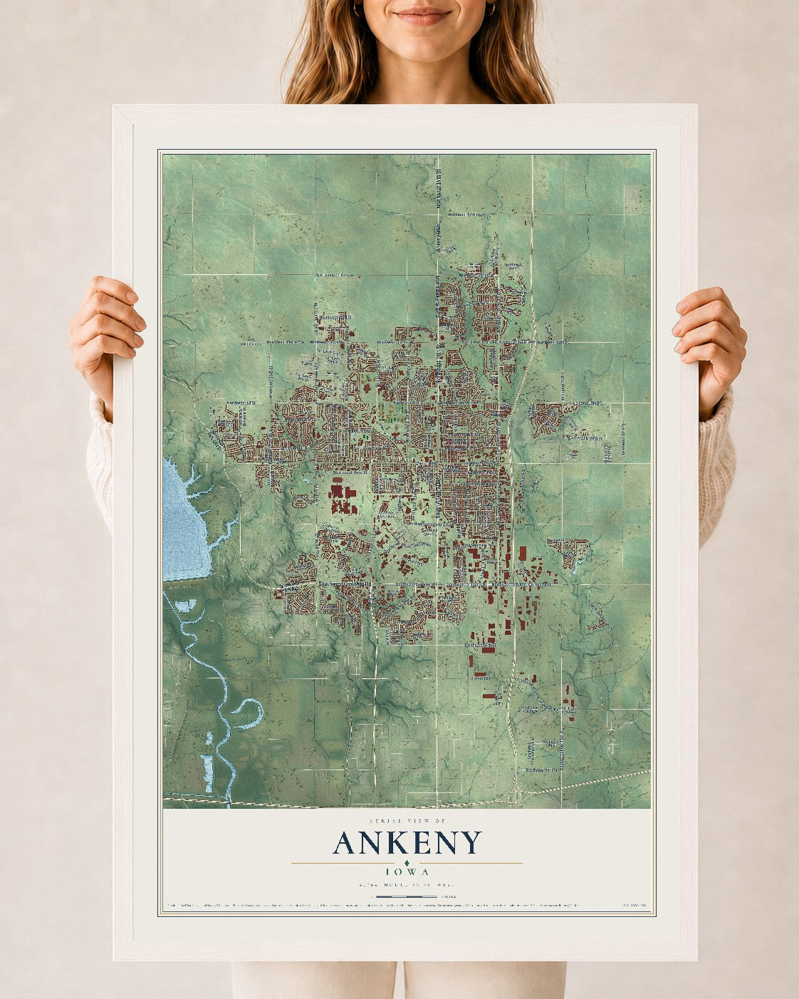 Map of Ankeny, Iowa, 24 x 36 inch print in a white wood frame