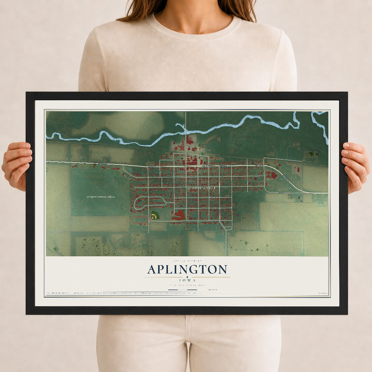 Map of Aplington, Iowa, 12 x 18 inch print in a black wood frame