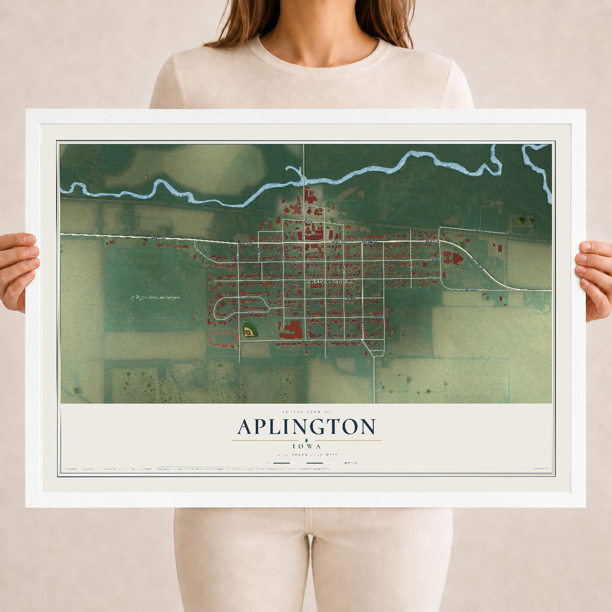 Map of Aplington, Iowa, 18 x 24 inch print in a white wood frame