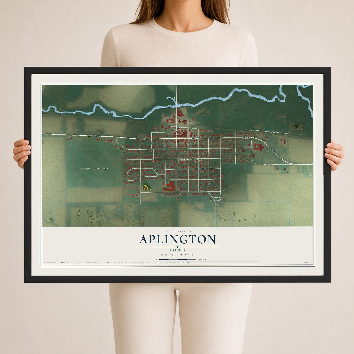 Map of Aplington, Iowa, 24 x 36 inch print in a black wood frame