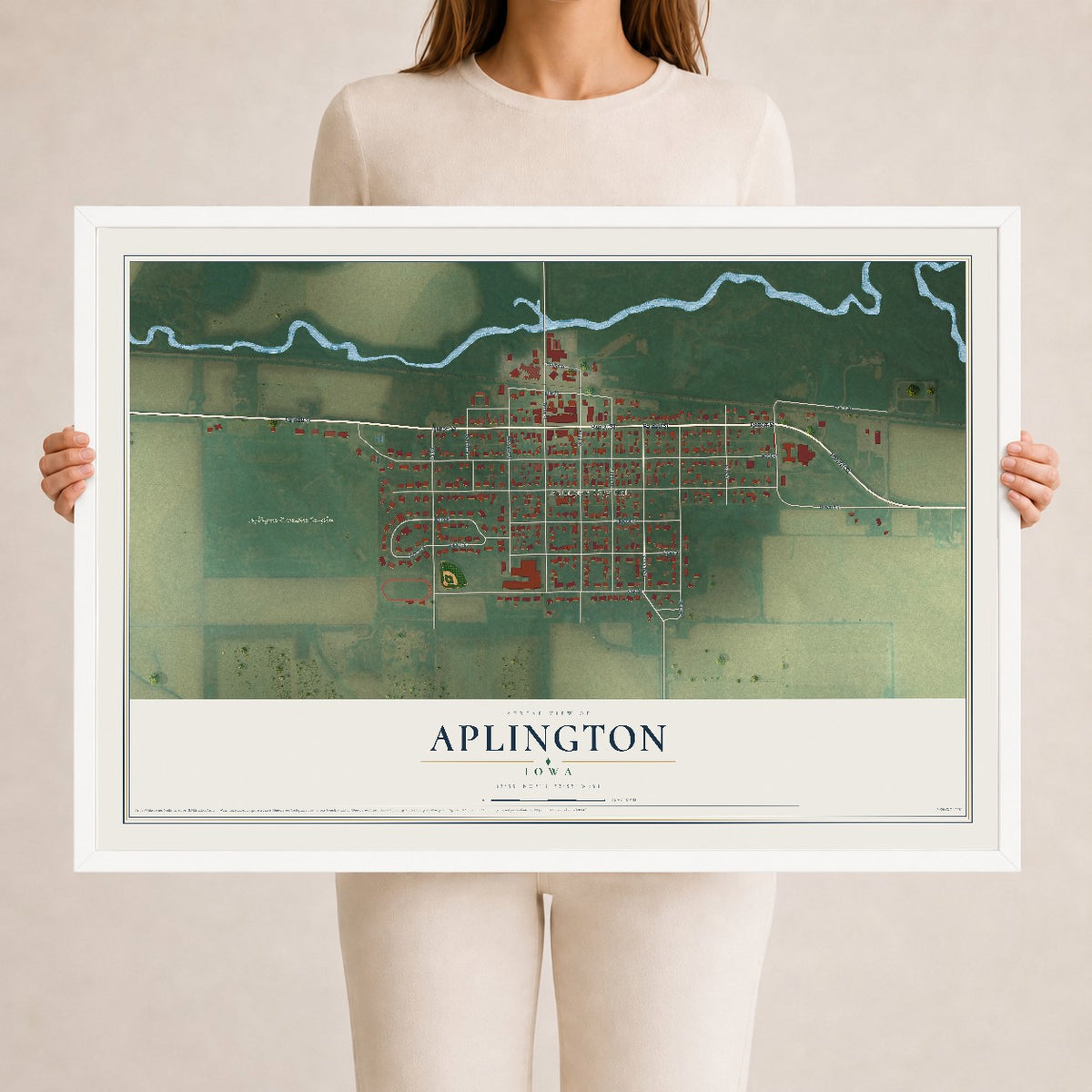 Map of Aplington, Iowa, 24 x 36 inch print in a white wood frame