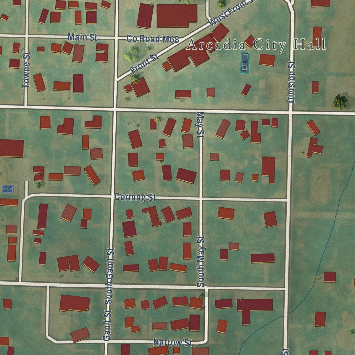 Close-up of the map of Arcadia, Iowa print showing street and building detail