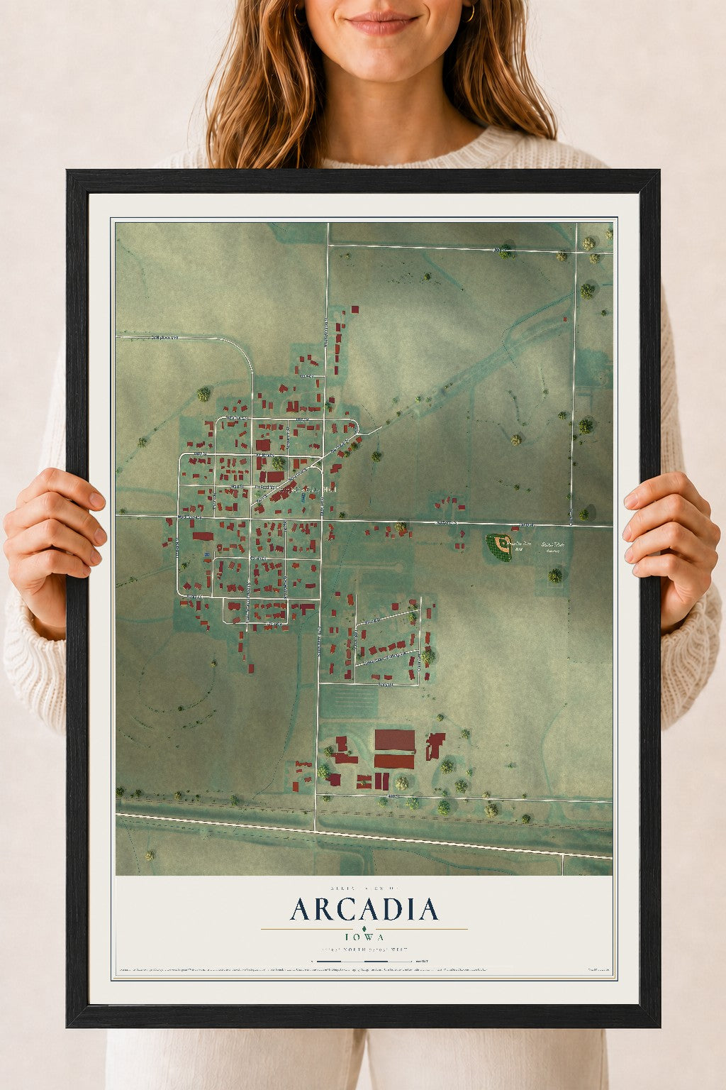 Map of Arcadia, Iowa, 18 x 24 inch print in a black wood frame
