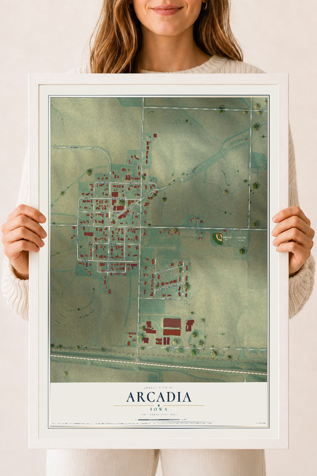 Map of Arcadia, Iowa, 18 x 24 inch print in a white wood frame