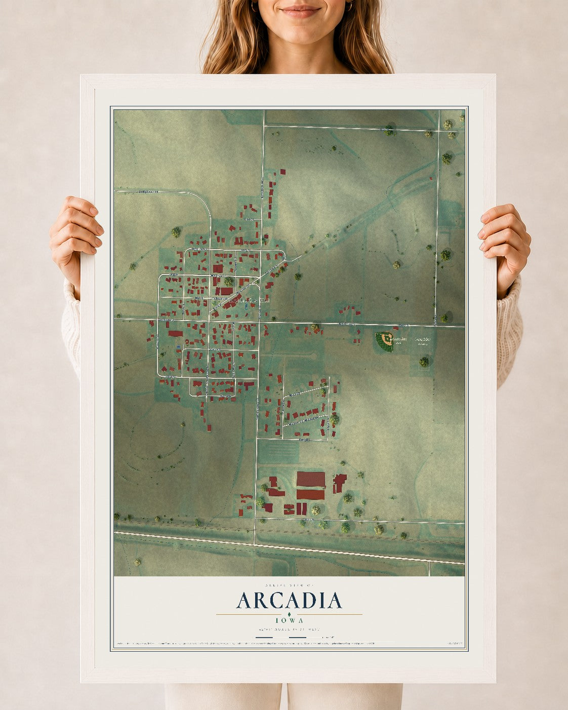 Map of Arcadia, Iowa, 24 x 36 inch print in a white wood frame
